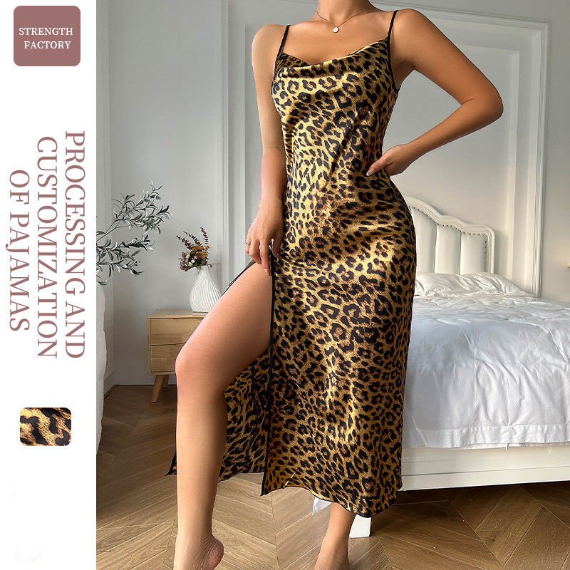 DNL Ice Silk suspender skirt breathable artificial silk leopard print backless slit slip nightdress