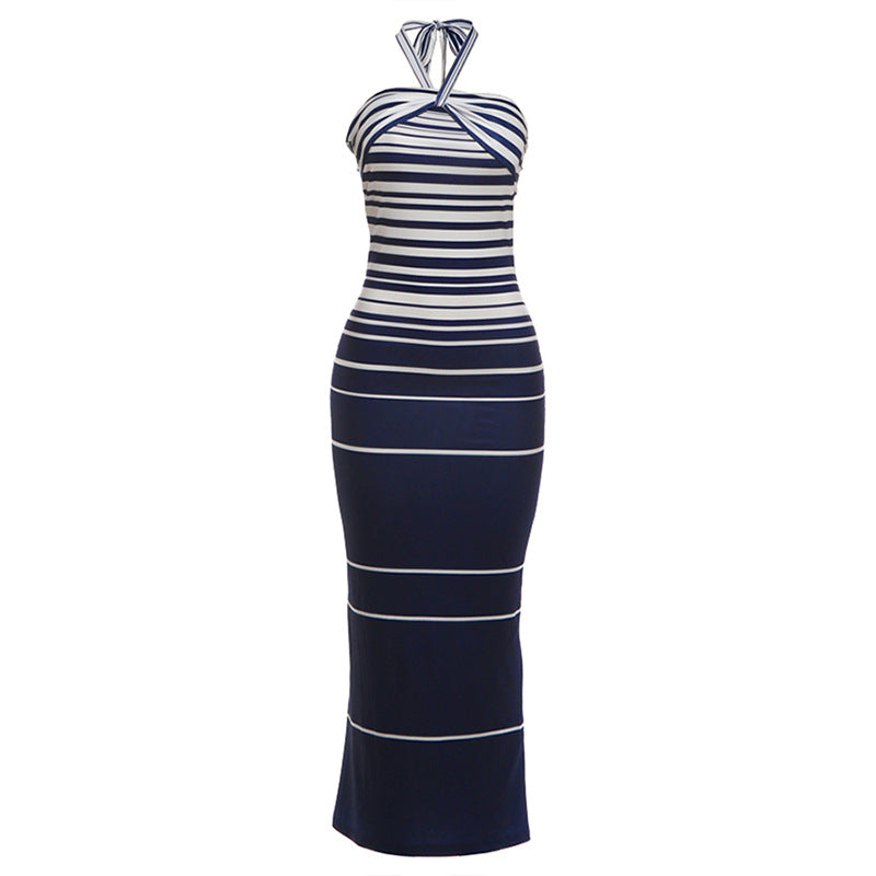 SXR K6D07281A striped slim-fit sexy lacing halter dress