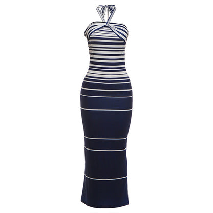 SXR K6D07281A striped slim-fit sexy lacing halter dress