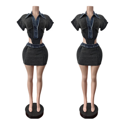 MZ (S-2XL) denim cotton MZ88634 short sleeve jumpsuit high elastic skirt suit
