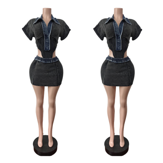 MZ (S-2XL) denim cotton MZ88634 short sleeve jumpsuit high elastic skirt suit