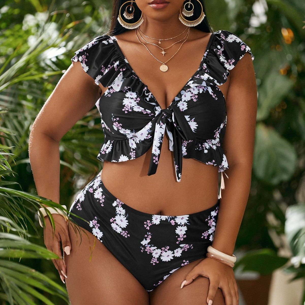LF (L-4XL) 2026 swimsuit women's split shoulder hanging large size printing