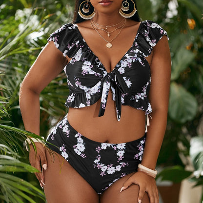 LF (L-4XL) 2026 swimsuit women's split shoulder hanging large size printing