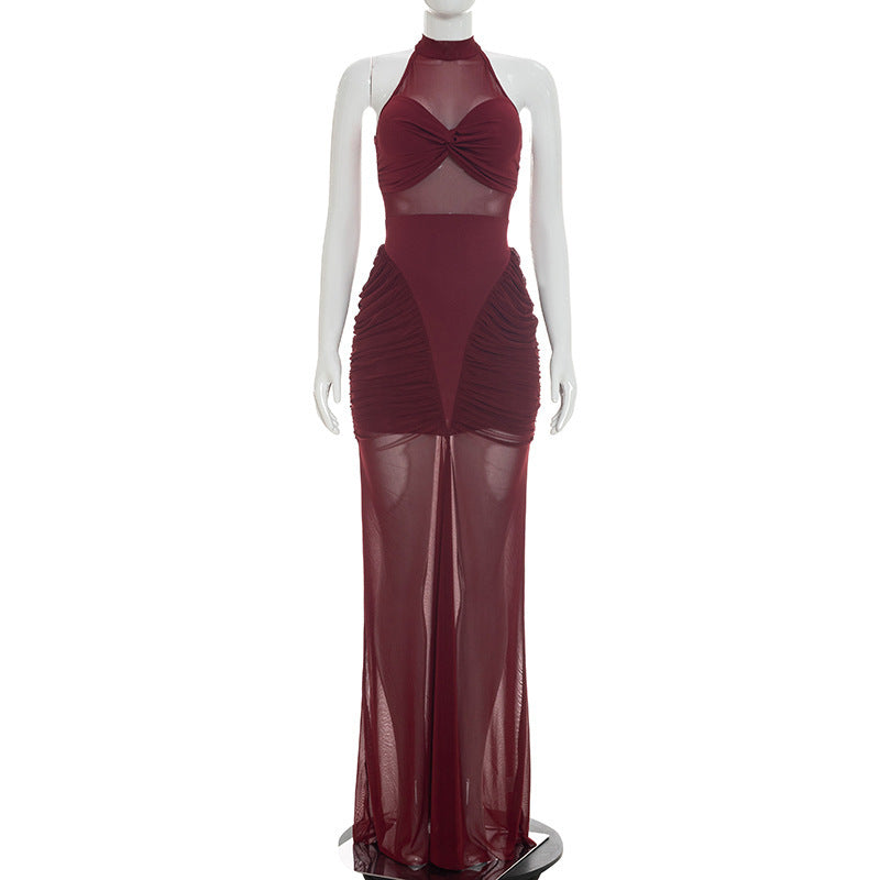 DZHT D26DS180 mesh stitching see-through sleeveless twisted pleated dress