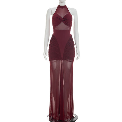 DZHT D26DS180 mesh stitching see-through sleeveless twisted pleated dress