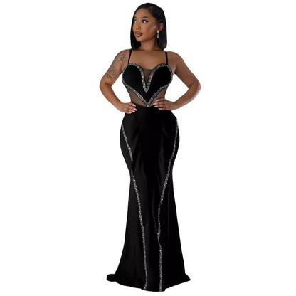 GY (S-2XL) K3161 rhinestone mesh see-through stitching lace hip spaghetti straps dress