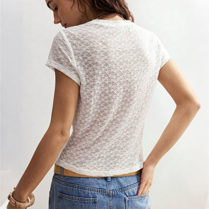 SXR K6L06645 spring personalized printed short-sleeved T-shirt sexy see-through lace stitching coat
