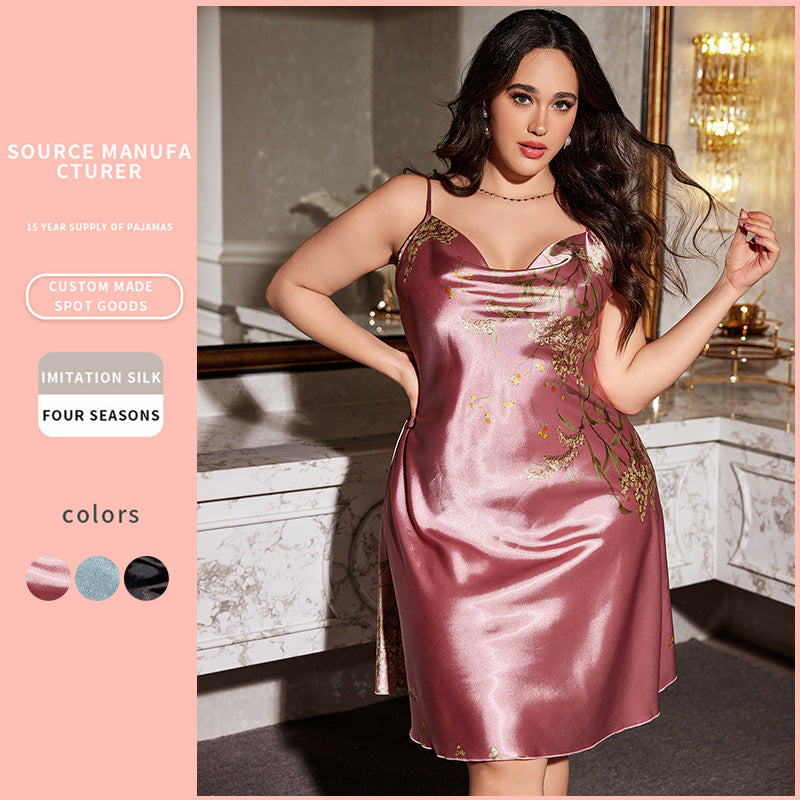 DNL plus size artificial silk suspender skirt spring printed pajamas