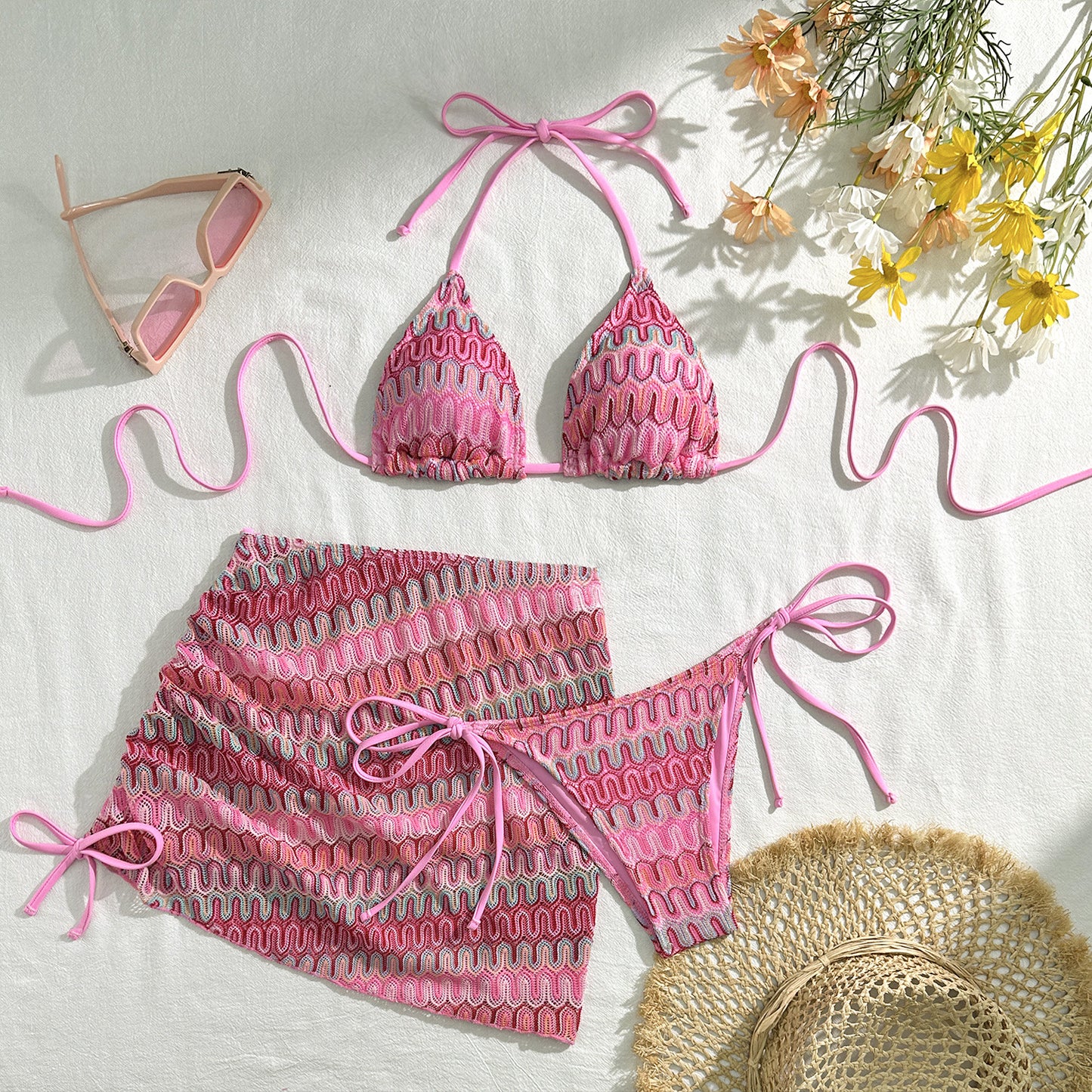 (4 days ready to ship) SY embroidery gradient three piece swimsuit bikini