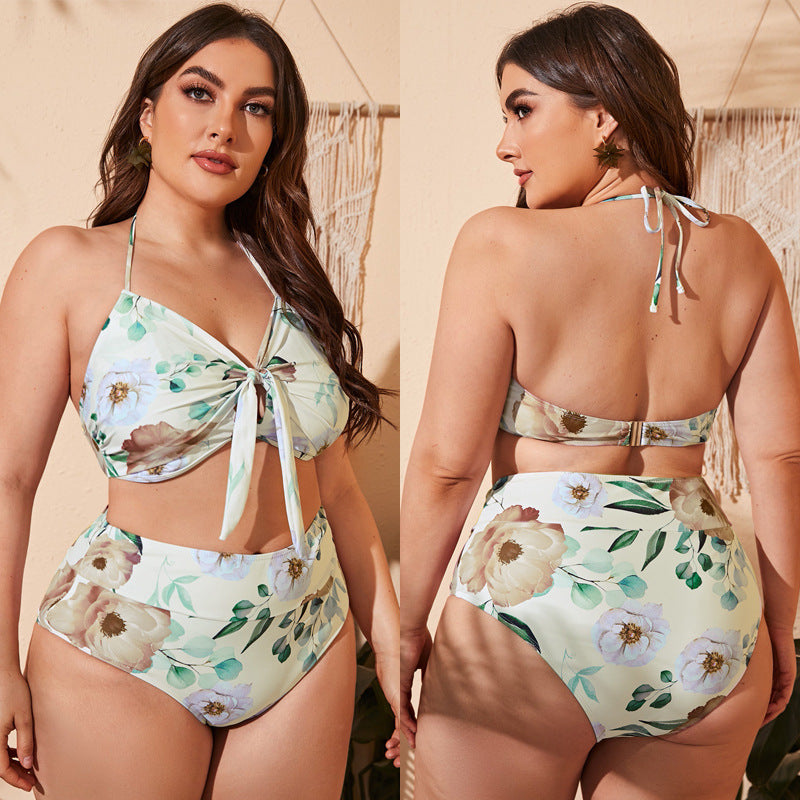 LF (L-4XL) women's split color printing swimsuit plus size