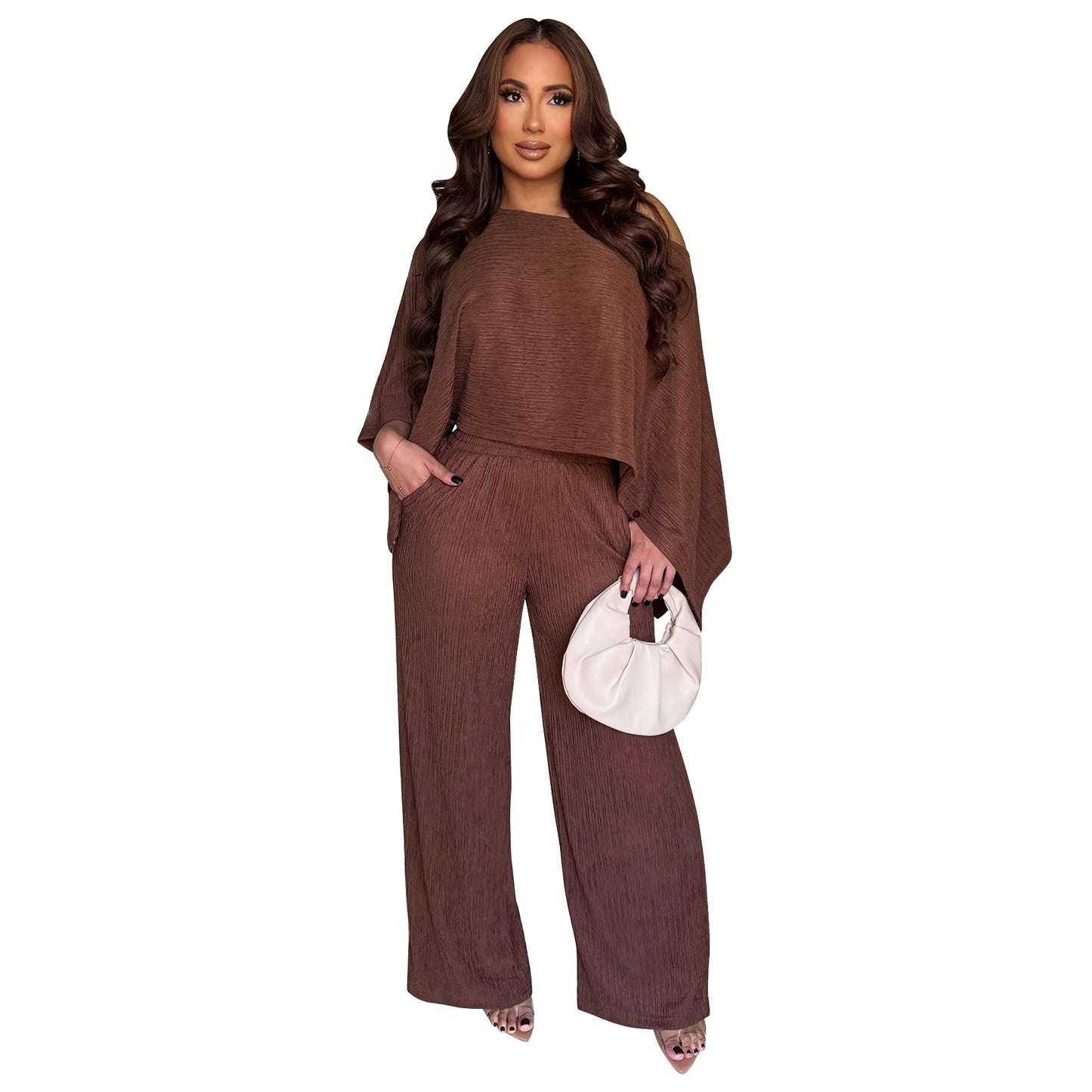 MYF (S-2XL) 10936 pleated oblique shoulder tops trousers casual suit