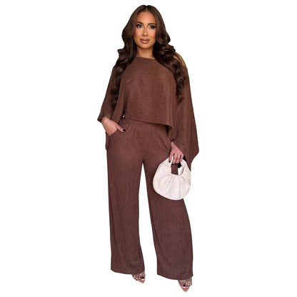 MYF (S-2XL) 10936 pleated oblique shoulder tops trousers casual suit