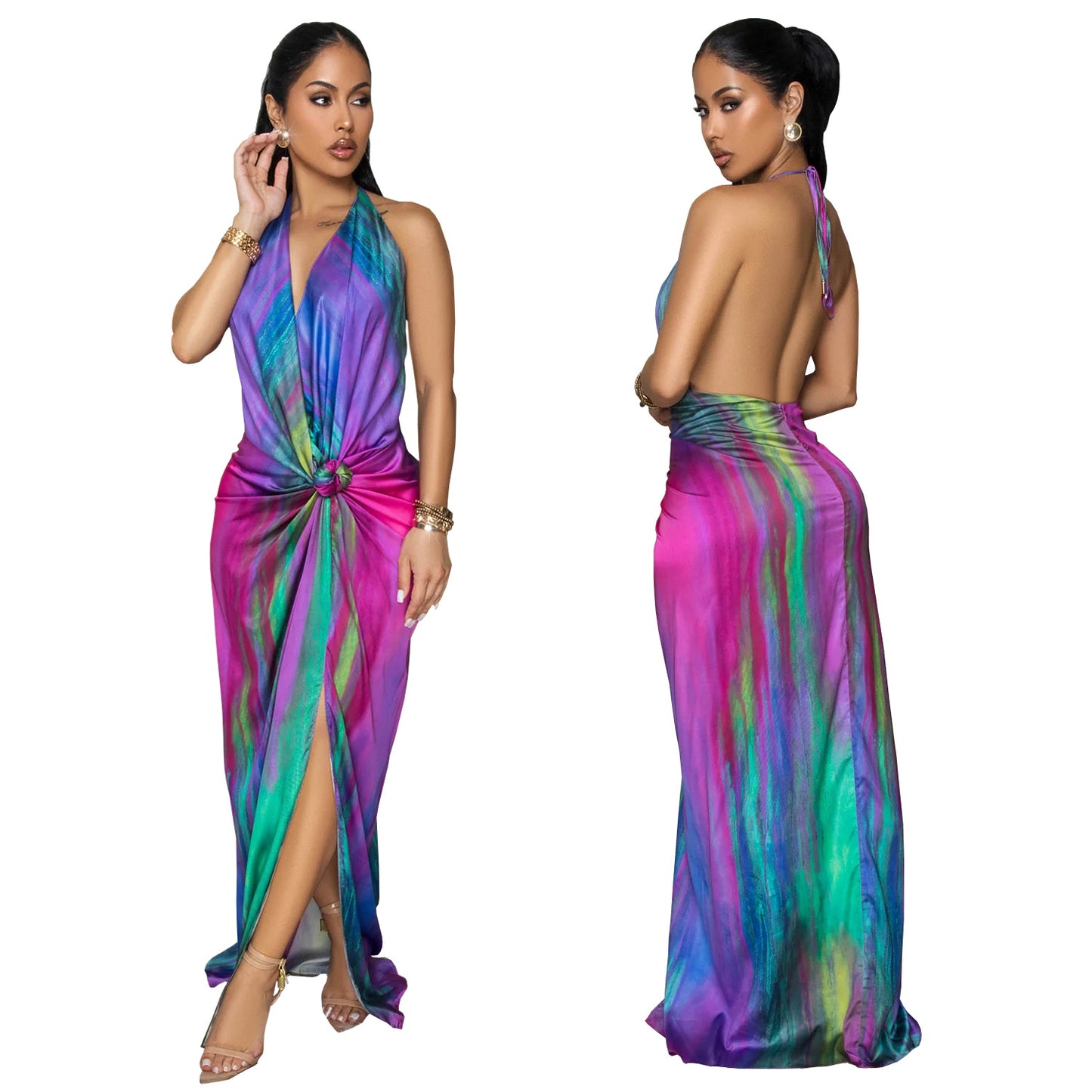 XYZ C7459 elegant slim fit tied printed dress