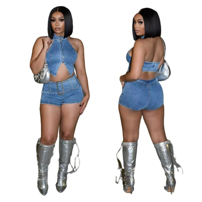 MZ (S-2XL) shorts denim MZ88631 halter lace-up stretch shorts suit