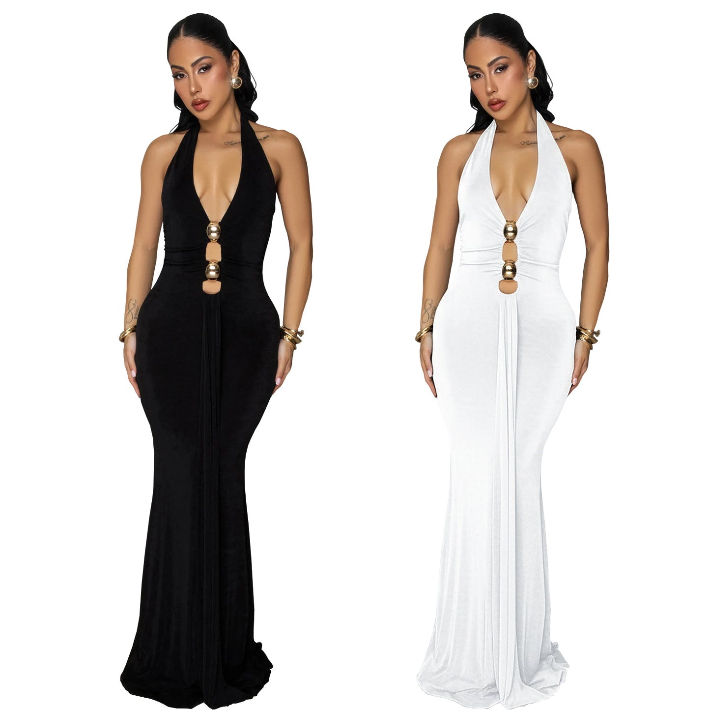 XYZ C7599 backless halter deep V dress