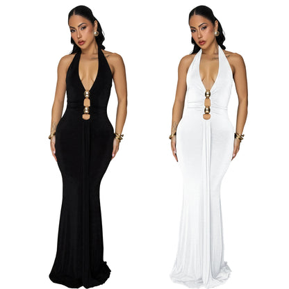 XYZ C7599 backless halter deep V dress