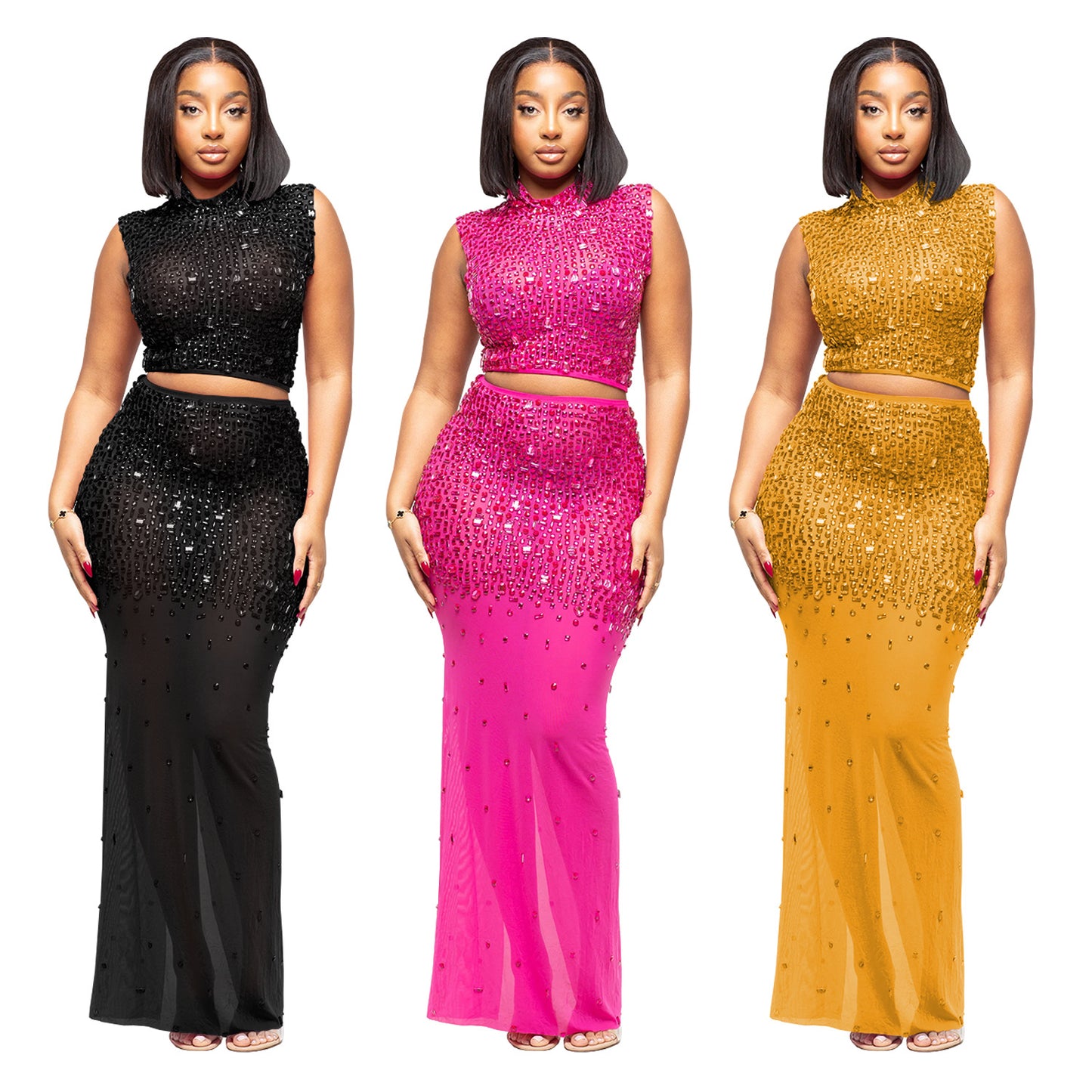 XYZ C7580 sheer mesh rhinestone dress two-piece set