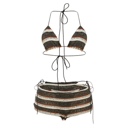 SXR spring/summer fashion halter lace-up striped bikini three-piece suit