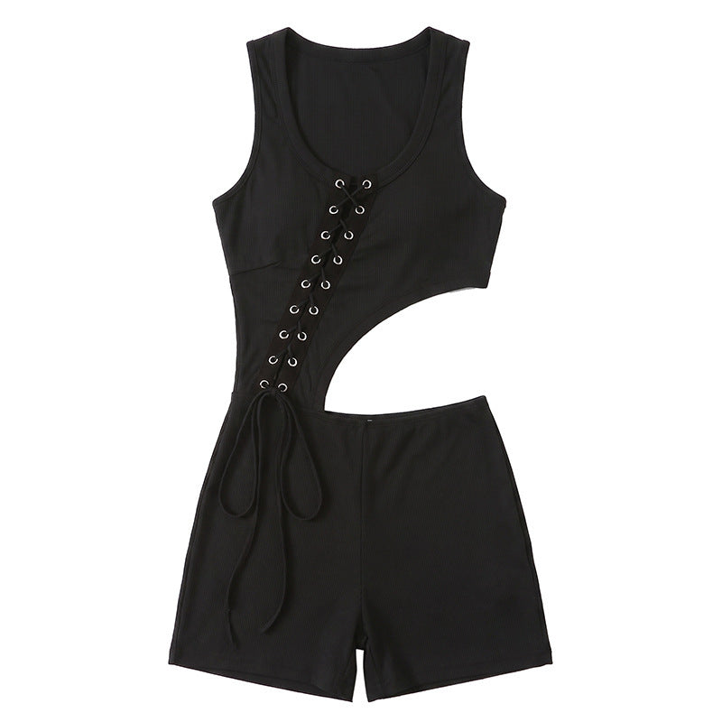 DLS summer sleeveless lace-up navel irregular tight jumpsuit