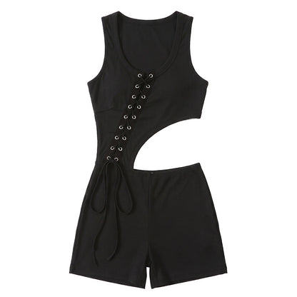 DLS summer sleeveless lace-up navel irregular tight jumpsuit