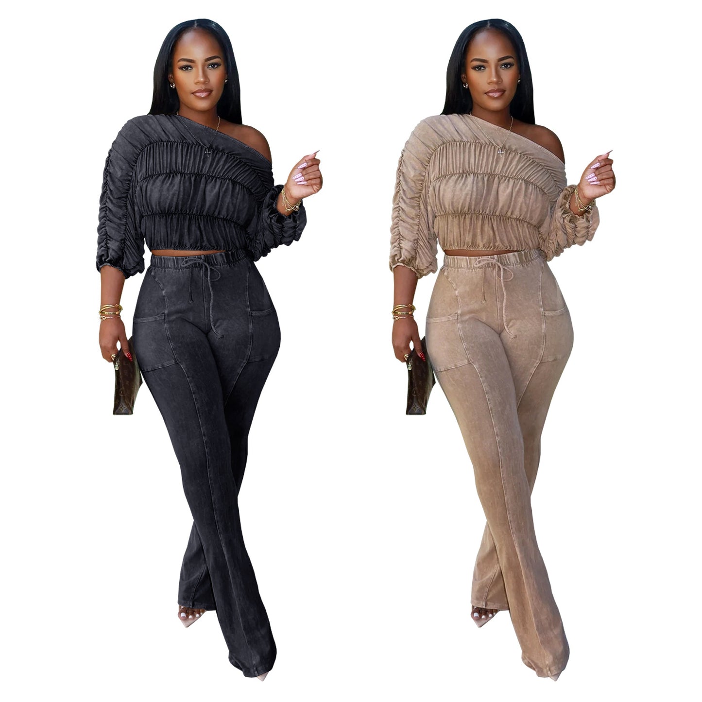 XYZ C7568 casual shoulder long sleeve top and trousers two-piece set