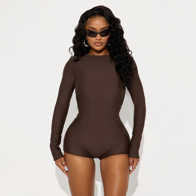 DZHT J25RP443 round neck long sleeve casual tight pure desire one-piece shorts