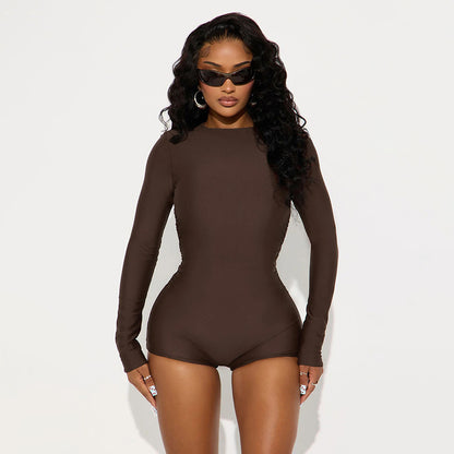 DZHT J25RP443 round neck long sleeve casual tight pure desire one-piece shorts