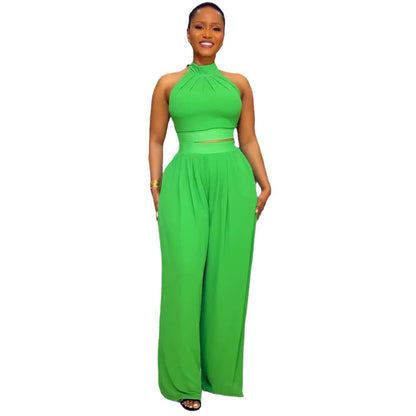 GY (S-3XL) S10773 pleated sleeveless high waist top wide leg pants two-piece set