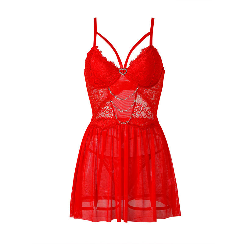 Mesh stitching lace metal chain love sling sexy suit two-piece set 2001
