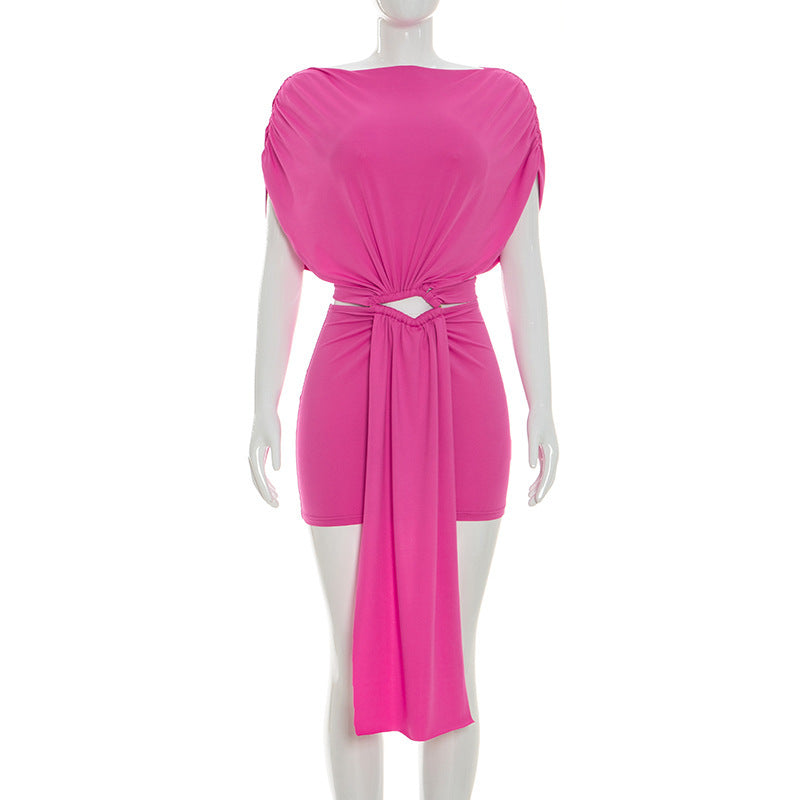 DZHT Q26DS039 summer solid color hollow out stitching hip skirt