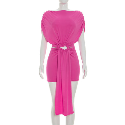 DZHT Q26DS039 summer solid color hollow out stitching hip skirt