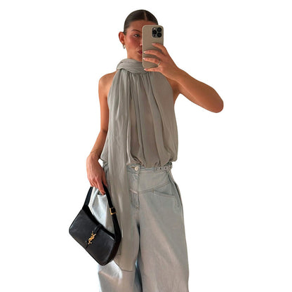 DZHT D26TP029 halter sleeveless see-through ribbon Bud elegant chiffon top