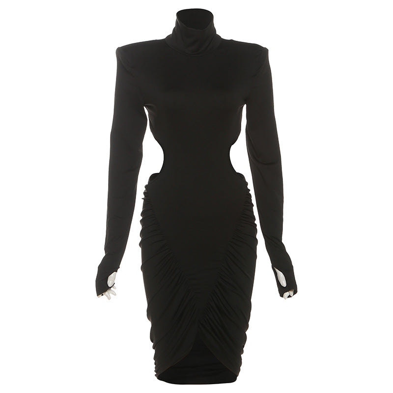 SXR autumn turtleneck backless ruffle hip short skirt fashion long sleeve dress