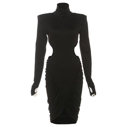 SXR autumn turtleneck backless ruffle hip short skirt fashion long sleeve dress