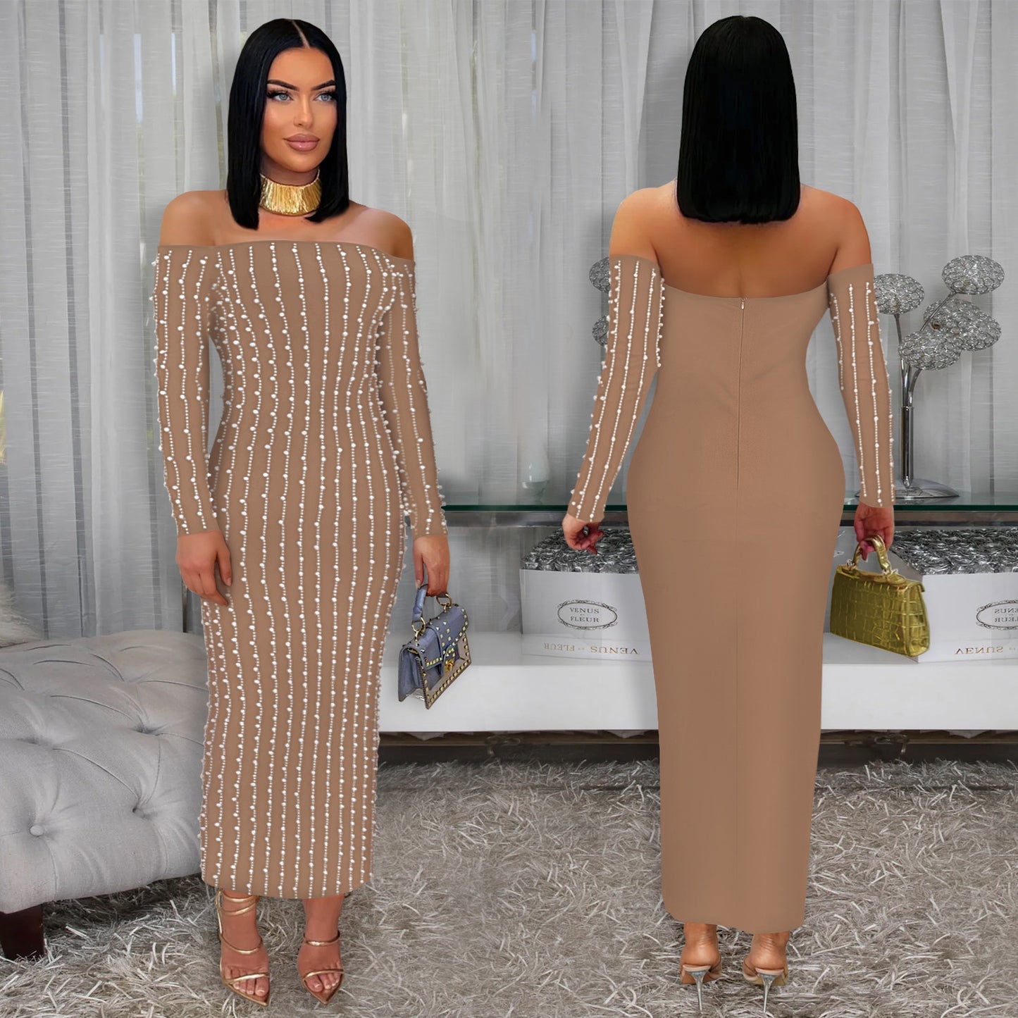 XYZ C7419 elegant long sleeve tube top rhinestone arm covering dress