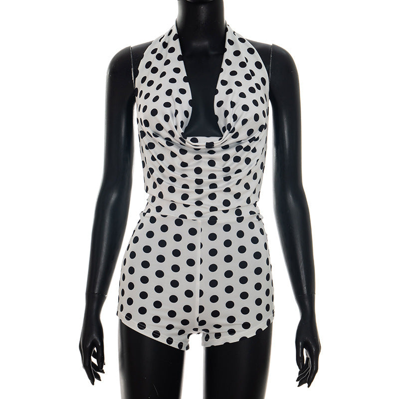 DZHT D26RP106 summer polka dot printed halter swing collar bare back one-piece shorts