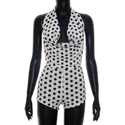 DZHT D26RP106 summer polka dot printed halter swing collar bare back one-piece shorts