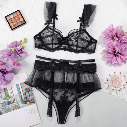 Lace see-through embroidered sexy lingerie set three-piece set