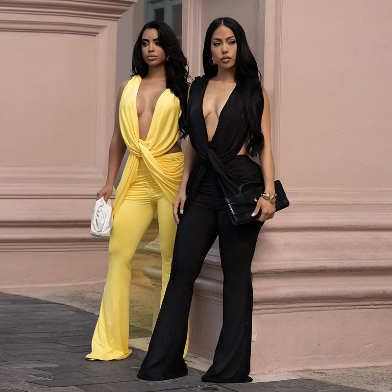 DZHT J26JP194 solid color layered draping effect low collar sleeveless one-piece trousers