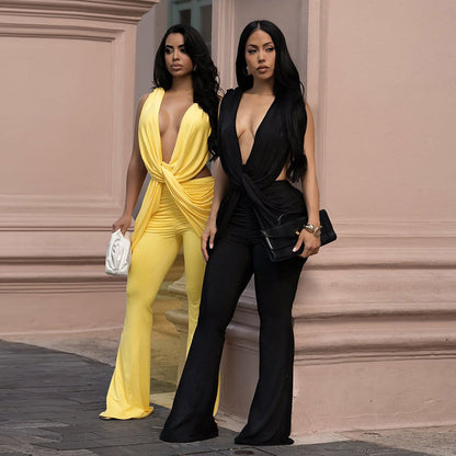 DZHT J26JP194 solid color layered draping effect low collar sleeveless one-piece trousers