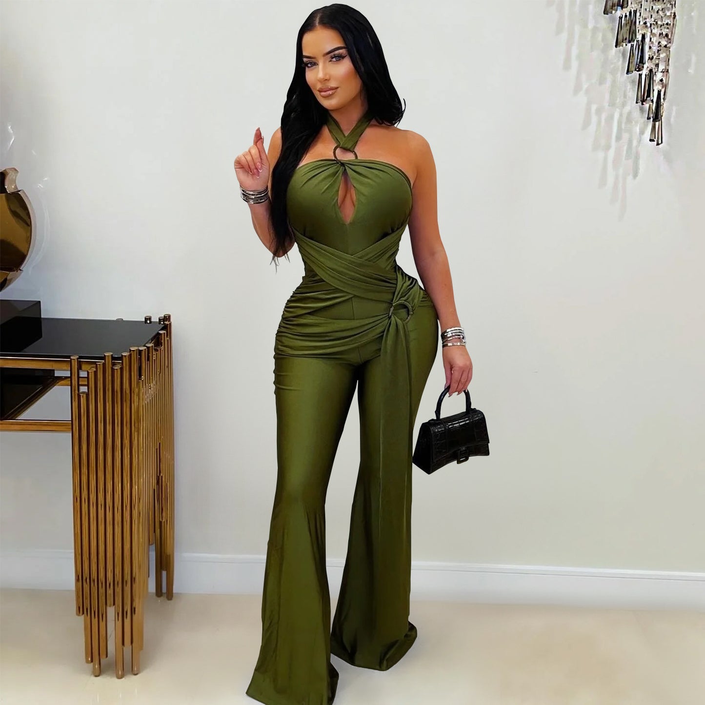 XYZ C7570 halter wide leg arm covering jumpsuit