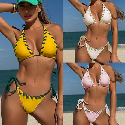 (4 days ready to ship) SY contrast color black eye rope strap backless split bikini