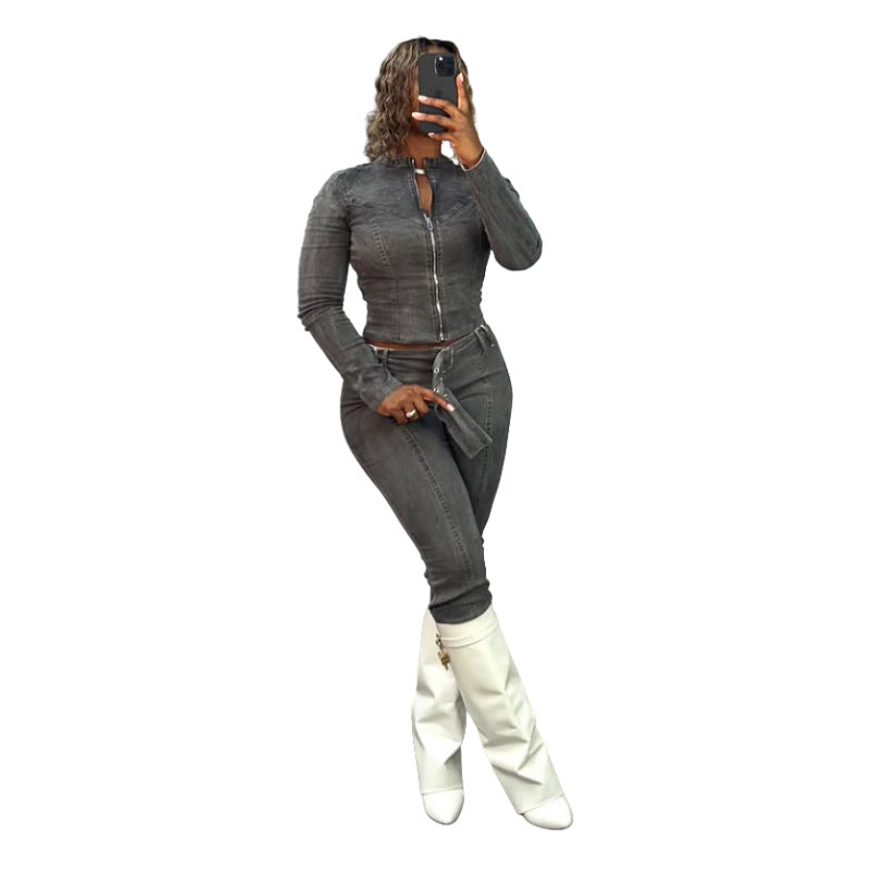MZ (S-2XL) denim MZ88664 washed fried color trousers suit