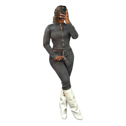 MZ (S-2XL) denim MZ88664 washed fried color trousers suit