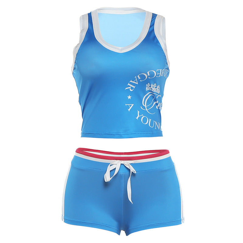 SXR 2026 spring sexy cropped sleeveless top sheath print shorts suit