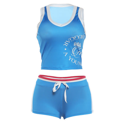 SXR 2026 spring sexy cropped sleeveless top sheath print shorts suit