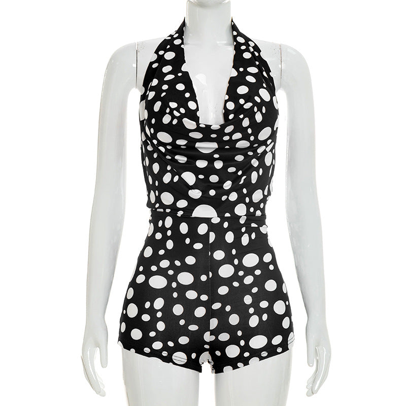 DZHT J26RP211 draped collar backless lace up polka dot print tight one-piece shorts