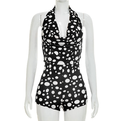DZHT J26RP211 draped collar backless lace up polka dot print tight one-piece shorts