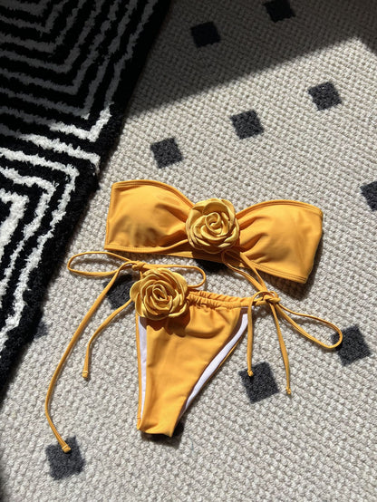 (4 days ready to ship) SY rose tube top drawstring strap split swimsuit bikini 9150