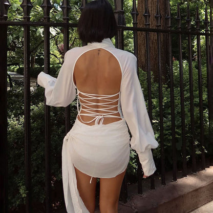 SXR summer solid color short skirt backless lace-up bundle long sleeve dress